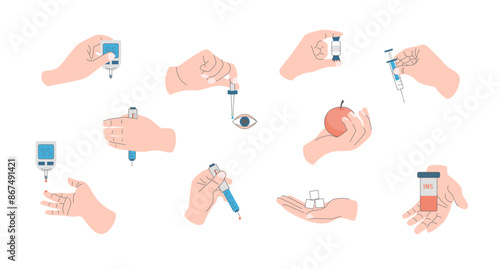 Cartoon Color Different Hand Gestures and Diabetes Devices Set Concept Flat Design Style. Vector illustration of Blood Sugar Glucose Medical Test