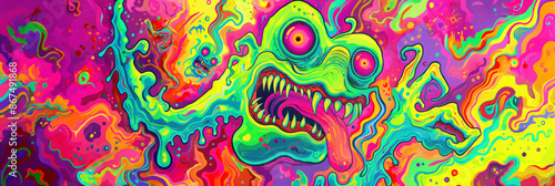 Psychedelic artwork featuring a colorful, monstrous face with bulging eyes and a tongue sticking out, surrounded by vibrant, abstract patterns. photo