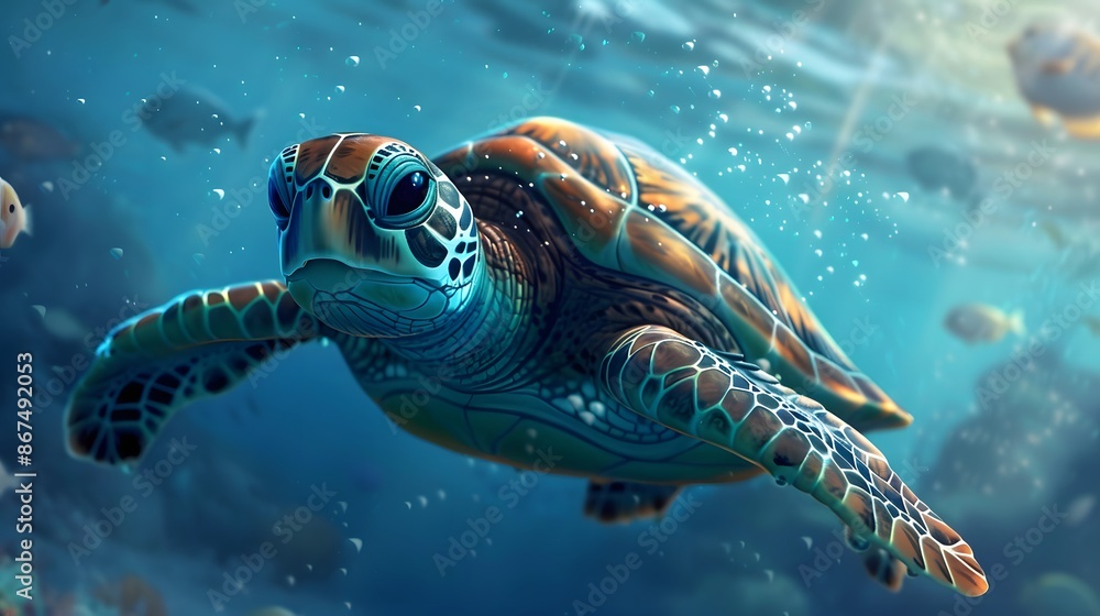 Fototapeta premium Cute sea turtle cartoon isolated on white background. 