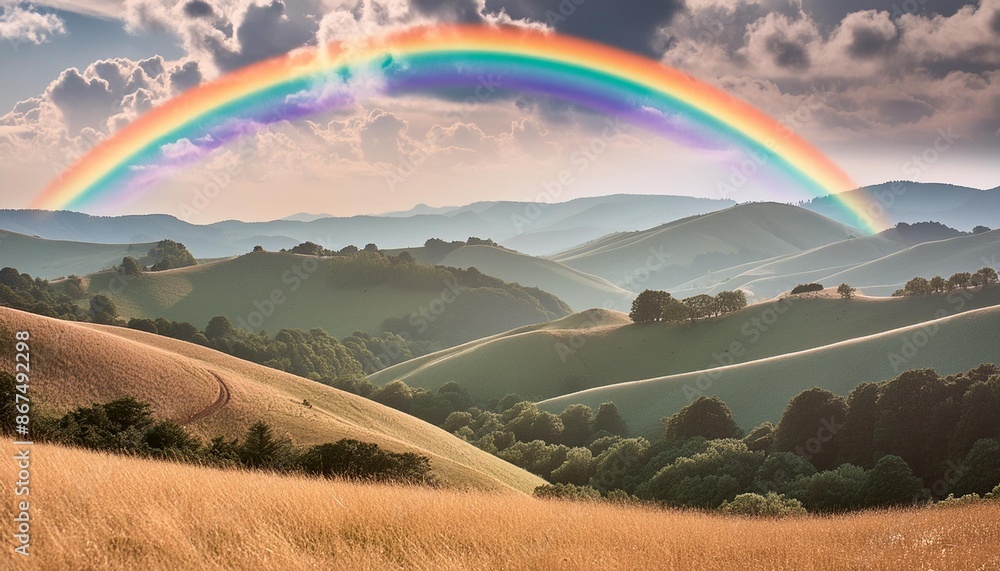 Obraz premium Prismatic rainbows arching over rolling hills.
