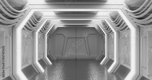 4k Resolution Video: Opening Door with Green Screen at the End of Sci-Fi Hallway of Spaceship