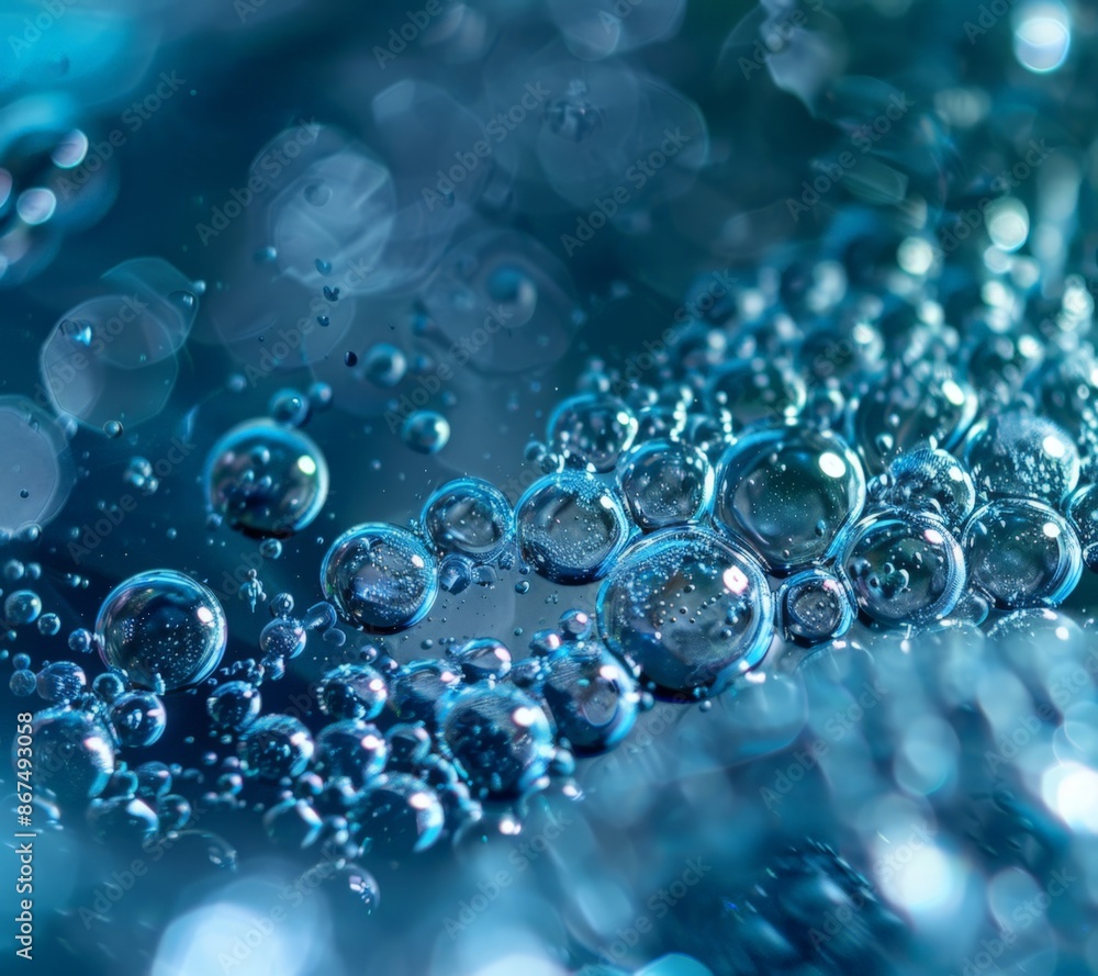 Vivid Blue Bubbles in Water, Close-up Photo of Drops Vivid Blue Bubbles in Water, Close-up Photo of Drops