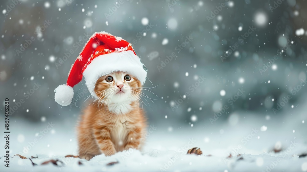 Cheerful kitten wearing a Santa Claus hat sits amid snowy winter wonderland, spreading holiday cheer with wishes for Merry Christmas and Happy New Year Cheerful kitten wearing a Santa Claus hat sits amid snowy winter wonderland, spreading holiday cheer with wishes for Merry Christmas and Happy New Year