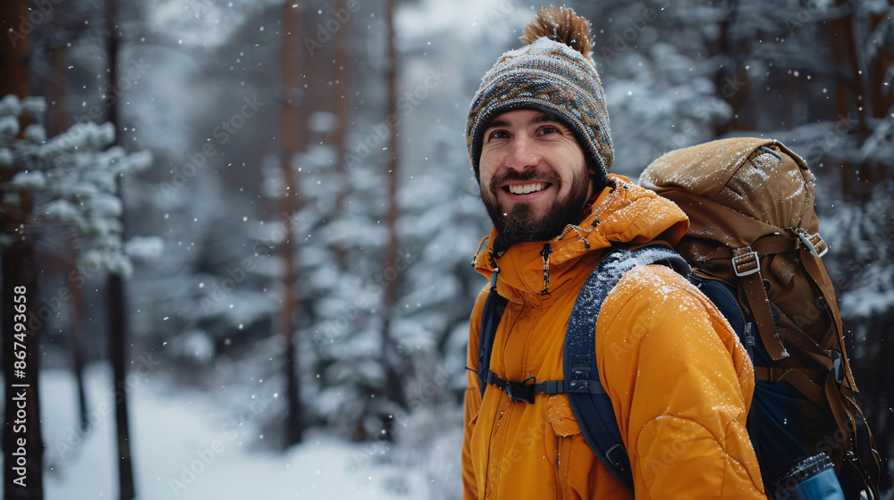 Fototapeta premium Cheerful influencer capturing his winter hiking adventure in the forest