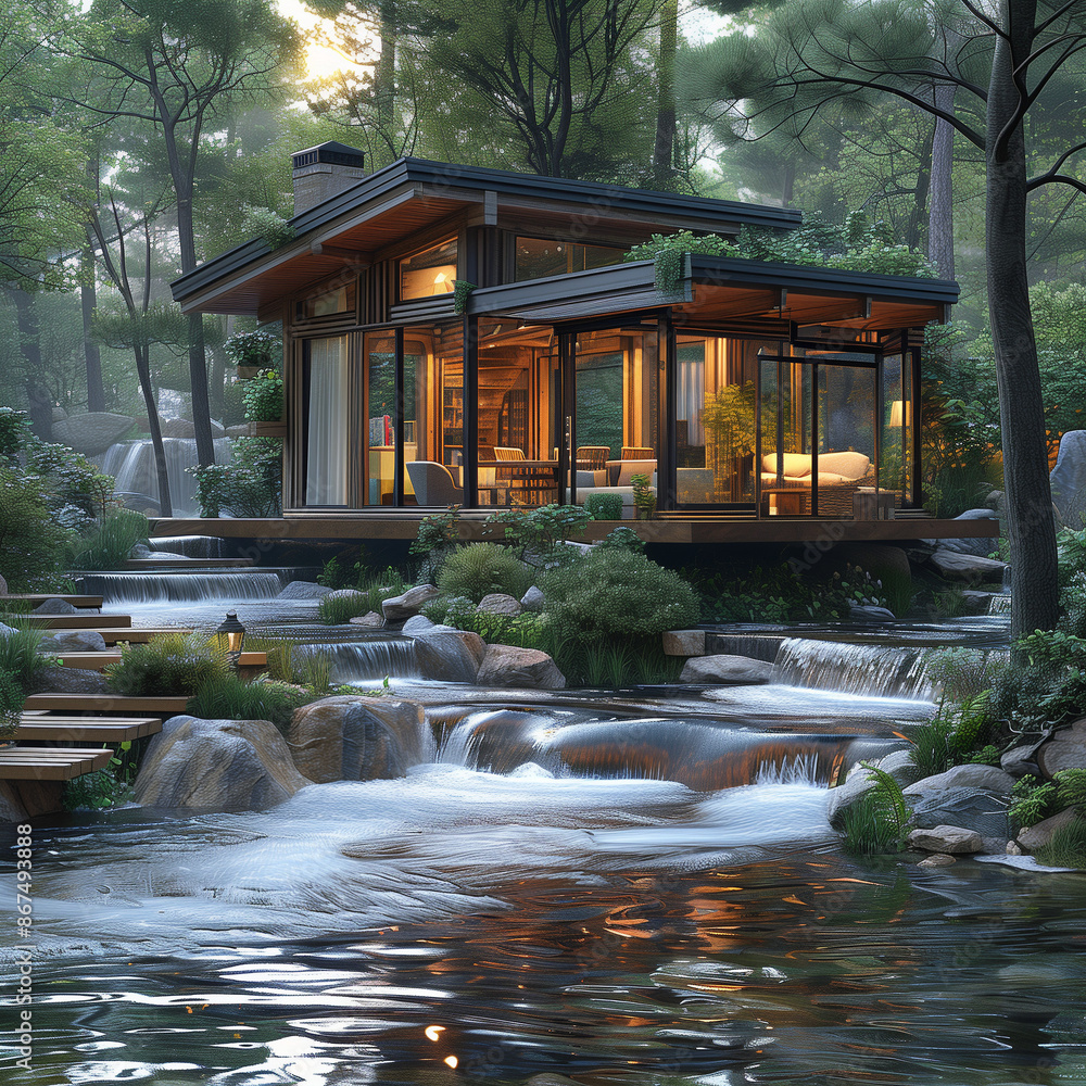 Modern design small villa by the stream in the forest Modern design small villa by the stream in the forest
