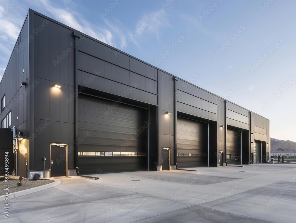 Obraz premium imposing industrial warehouse with sleek steel exterior and massive rollup doors clean lines and minimalist design emphasize functionality and durability