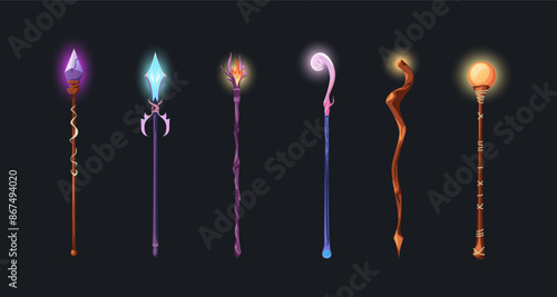 Cartoon Color Different Type Magical Staff Set Wizard Weapon Game Concept Flat Design Style. Vector illustration