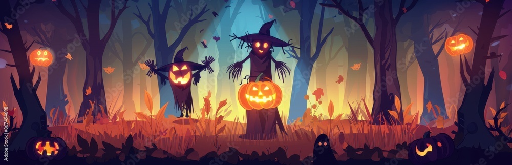 Spooky Halloween forest scene with scarecrows, glowing pumpkins, and creepy trees. Background illustration for Halloween party, trick or treat, and spooky celebration. Spooky Halloween forest scene with scarecrows, glowing pumpkins, and creepy trees. Background illustration for Halloween party, trick or treat, and spooky celebration.