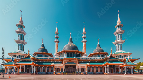 The beautiful grand mosque of West Sumatra features amazing Minangkabau architecture and towers against a clear blue sky. The iconic curved roofs and beautiful designs are impressive. photo