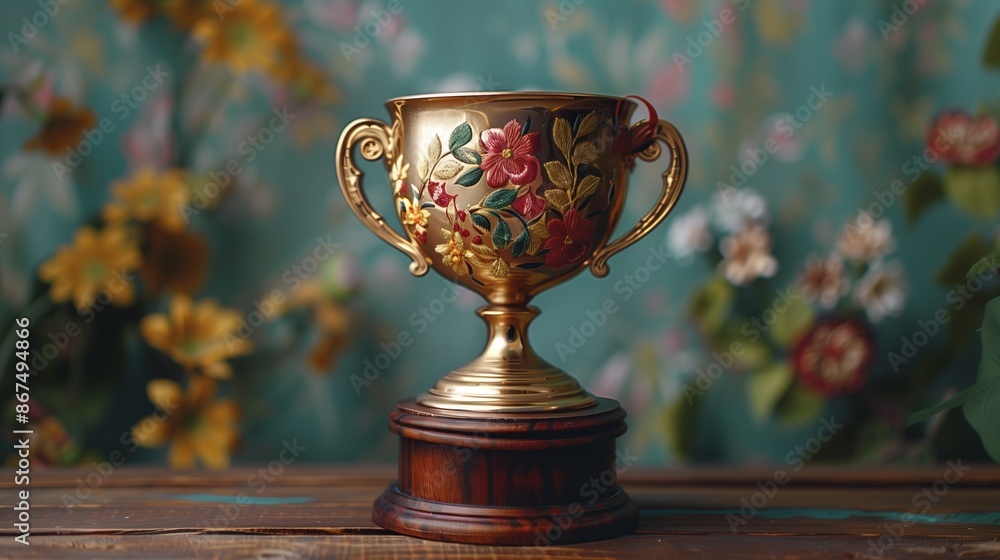 Gold trophy cup with floral design on a wooden base against a flower-patterned background Gold trophy cup with floral design on a wooden base against a flower-patterned background