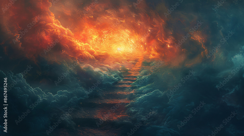 Creative depiction of a path rising towards opportunity in a dramatic atmosphere Creative depiction of a path rising towards opportunity in a dramatic atmosphere