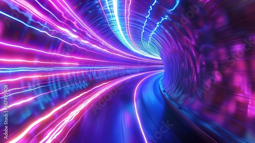 Dynamic image capturing a vibrant neon-lit tunnel conveying movement and energy, perfect as a wallpaper or background © qorqudlu