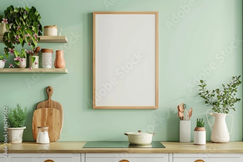 A tasteful kitchen interior featuring a mockup frame, providing an excellent background or wallpaper for home decor themes