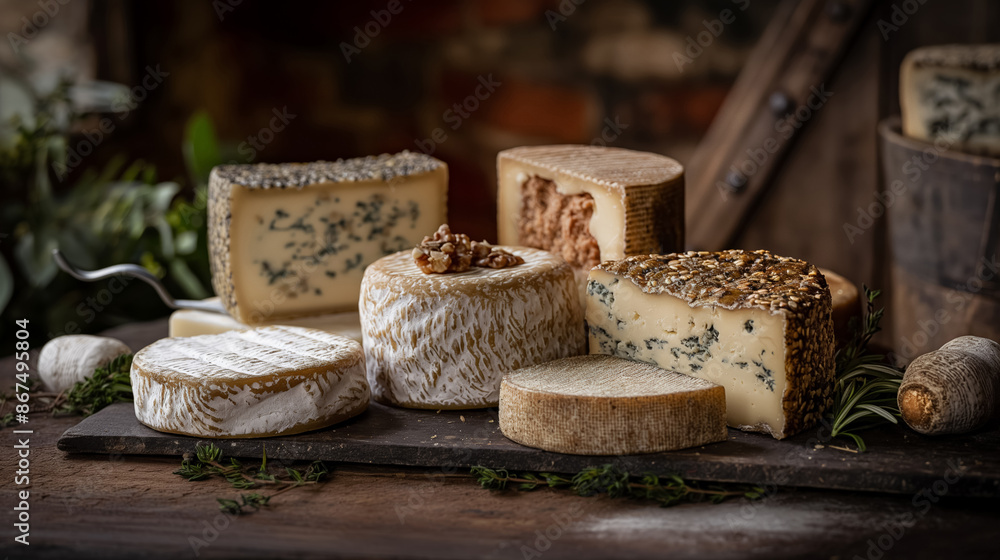 Assortment of artisanal cheeses on rustic wooden board, garnished with herbs and nuts, set against cozy, dimly-lit background. Assortment of artisanal cheeses on rustic wooden board, garnished with herbs and nuts, set against cozy, dimly-lit background.