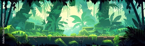 Cartoon illustration of jungle landscape with lush green foliage and ancient ruins. Background for a mobile or video game