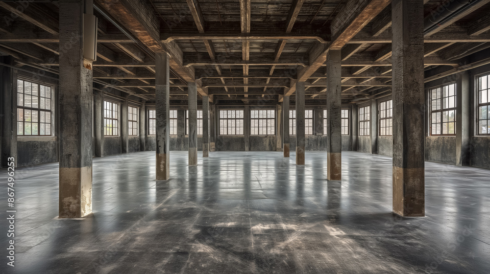 Spacious empty industrial loft with large windows and exposed wooden beams, creating an open and airy atmosphere. Spacious empty industrial loft with large windows and exposed wooden beams, creating an open and airy atmosphere.
