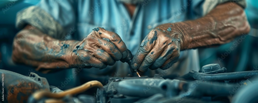 Close Up of Mechanic's Hands Working on Engine Close Up of Mechanic's Hands Working on Engine