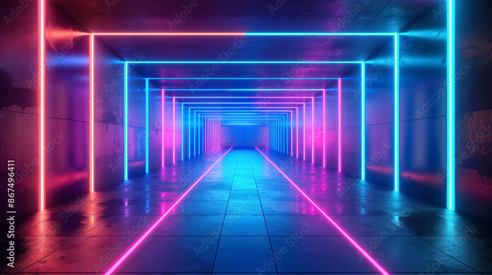 Neon-lit futuristic corridor with blue and pink lights, creating a vibrant and high-tech atmosphere. Neon-lit futuristic corridor with blue and pink lights, creating a vibrant and high-tech atmosphere.
