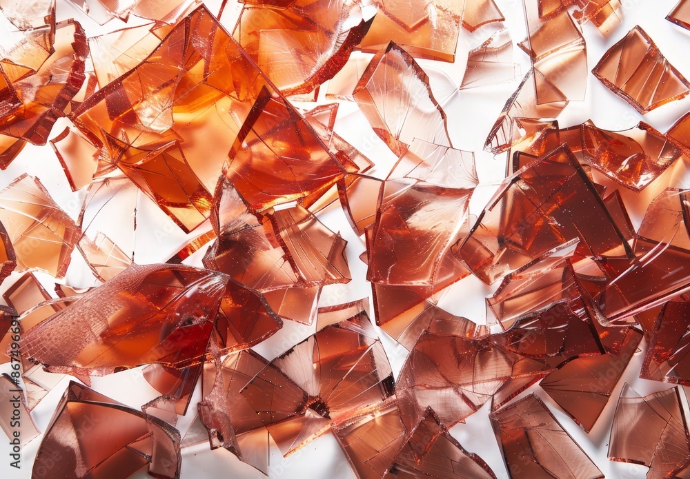 Shattered Glass Artwork, Distressed Transparent Shards, Amber and Red Hue, Close-up Photography. Shattered Glass Artwork, Distressed Transparent Shards, Amber and Red Hue, Close-up Photography.