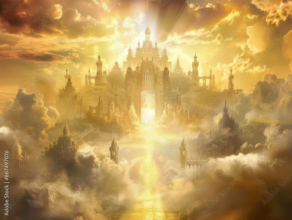 Naklejka premium majestic new jerusalem descending from heavens pearly gates streets of gold divine light