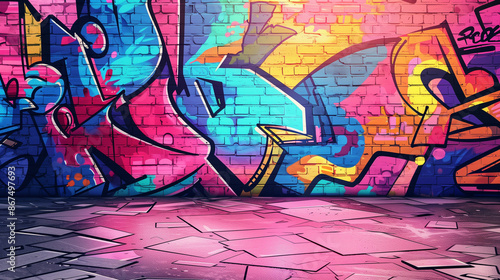 Colorful graffiti mural with dynamic patterns, and an edgy mockup stage for product presentation & advertising.