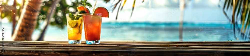 Tropical Cocktails on a Beachside Wooden Table with Fresh Fruits & Juice Tropical Cocktails on a Beachside Wooden Table with Fresh Fruits & Juice