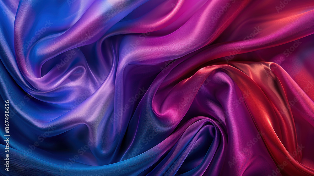 Fototapeta premium Vibrant colors of blue, purple, red, and magenta create an abstract background with cascading folds. The silky fabric gleams with a neon glow, forming stripes and a wide banner.