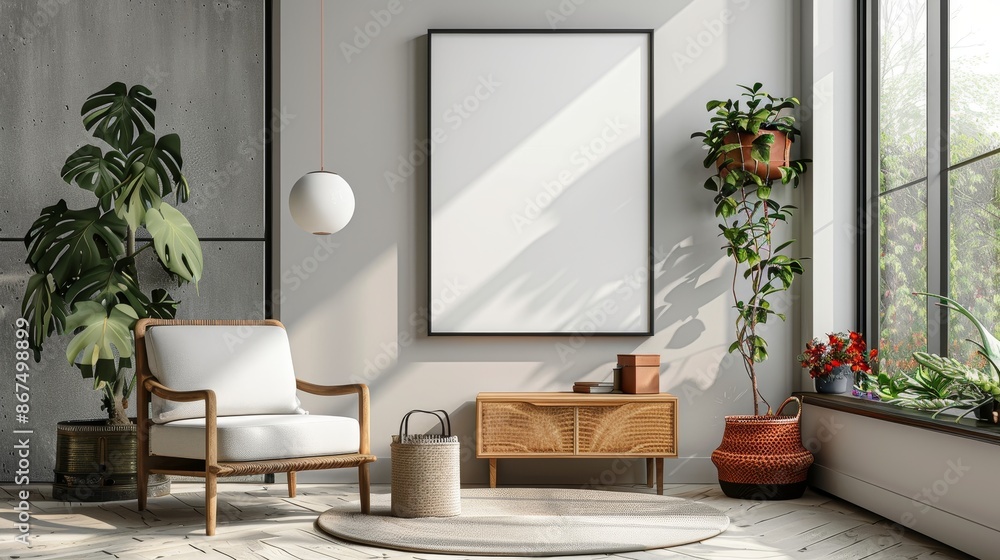 Poster frame mock-up in home interior background with commode, chair and decor in living room Poster frame mock-up in home interior background with commode, chair and decor in living room