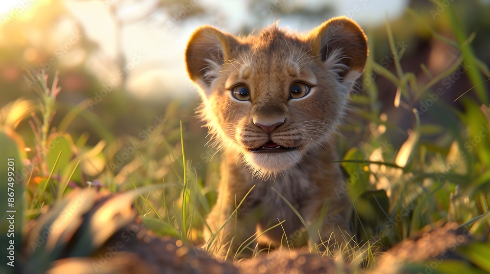 Fototapeta premium Cute lion sitting isolated on white background. 