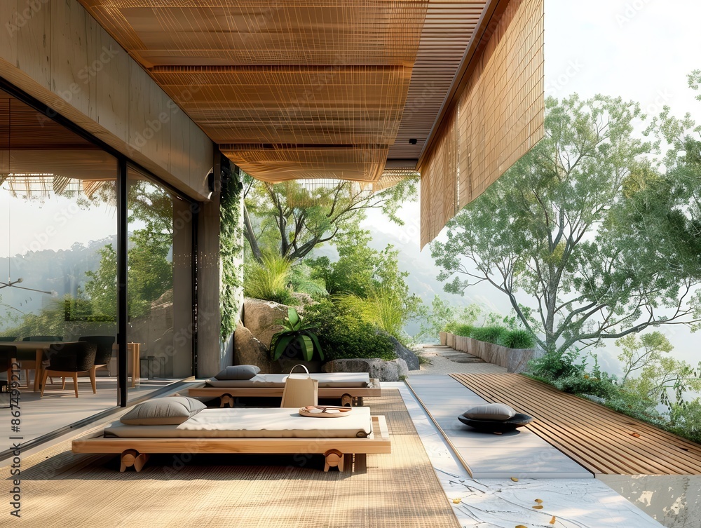 Fototapeta premium modern zen terrace with teak furniture and sunbath blinds overlooking forest architecture photography