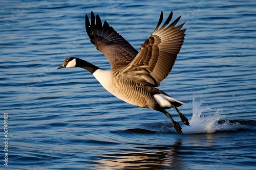 Canada Goose in flight above water 