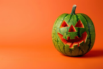 Watermelon carved as a jack o'lantern for a summer halloween party is standing on an orange background