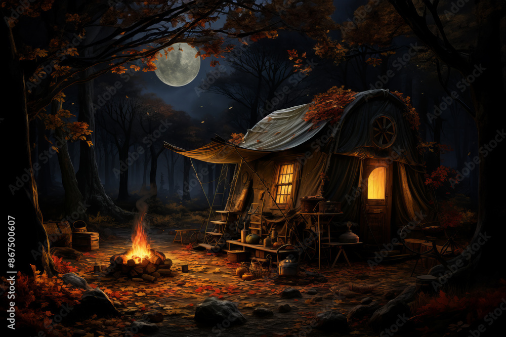Obraz premium Campfire under the moonlight. Campfire illuminated by the moon's glow. Serene campfire bathed in the soft moonlight