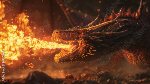 A dragon with sharp horns and scales breathes a massive stream of fire, illuminating the scene with intense heat and light. Sparks and embers fill the dark background. photo