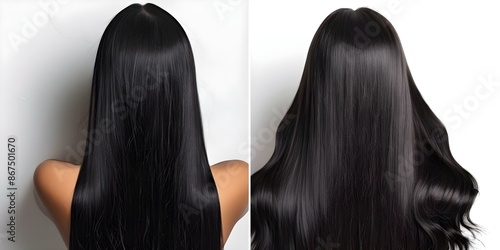 Before and after hair extensions on white background showcasing length and volume. Concept Before and After Hair Extensions, White Background, Length and Volume Showcase, Transformation Hairstyle photo