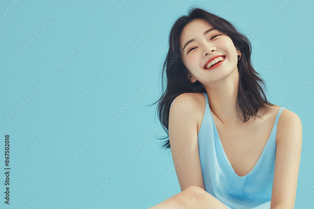 Woman in a blue dress smiling brightly against a blue background, perfect for fashion and lifestyle ads with copy space for text, Skincare, Beauty, Fashion, Cosmetics concepts Woman in a blue dress smiling brightly against a blue background, perfect for fashion and lifestyle ads with copy space for text, Skincare, Beauty, Fashion, Cosmetics concepts