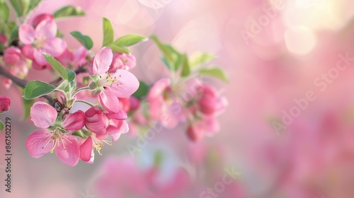 Pink apple blossom branch with blurred background and copy space