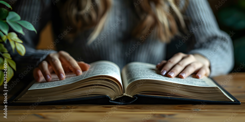 Close-up of woman reading book in library. Education, knowledge, and leisure concept. Close-up of woman reading book in library. Education, knowledge, and leisure concept.