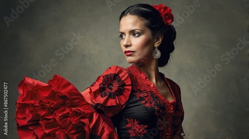 Traditional Woman Spanish Flamenco Dancer In Red Dress
