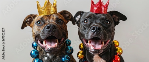 Portrait Of Two Happy Dogs Wearing New Year Diadems On A White Background