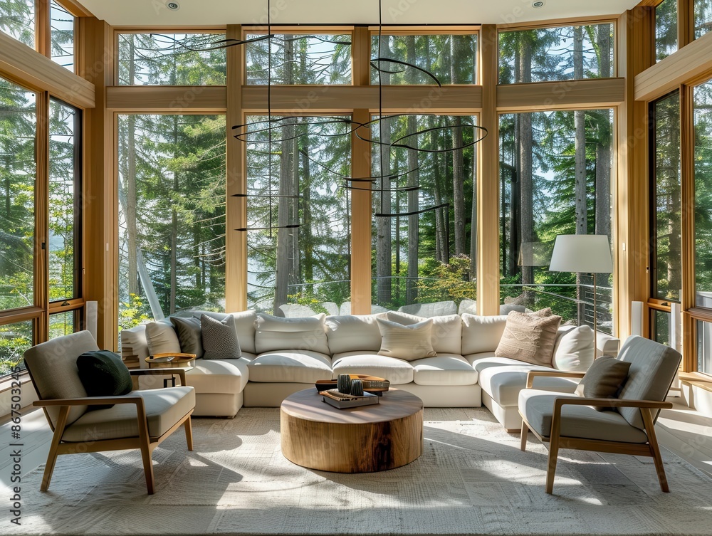 scandinavianinspired living room with large bay window overlooking lush forest neutral tones natural textures and sleek furniture create an inviting airy space scandinavianinspired living room with large bay window overlooking lush forest neutral tones natural textures and sleek furniture create an inviting airy space