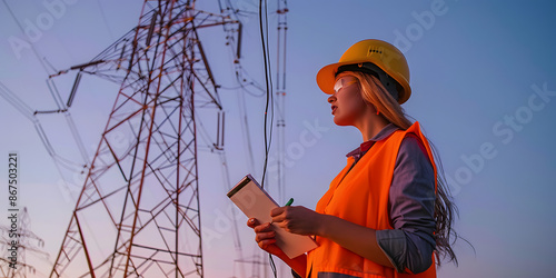 Female Electrical Engineer Inspecting Transmission Tower with iPad