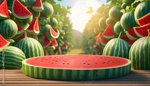 Abstract podium for product presentation and Watermelon on on digital art concept, Generative AI. photo