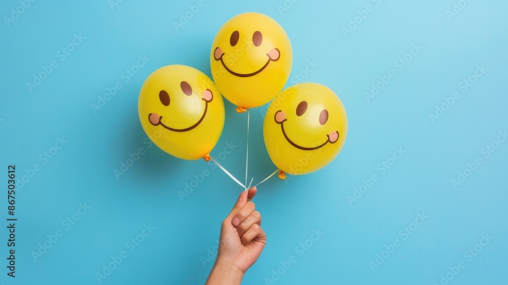 Close-up of woman's hand grasping bright yellow smiley face balloons on a soft blue backdrop, symbolizing joy and celebration with a cheerful smile concept Close-up of woman's hand grasping bright yellow smiley face balloons on a soft blue backdrop, symbolizing joy and celebration with a cheerful smile concept