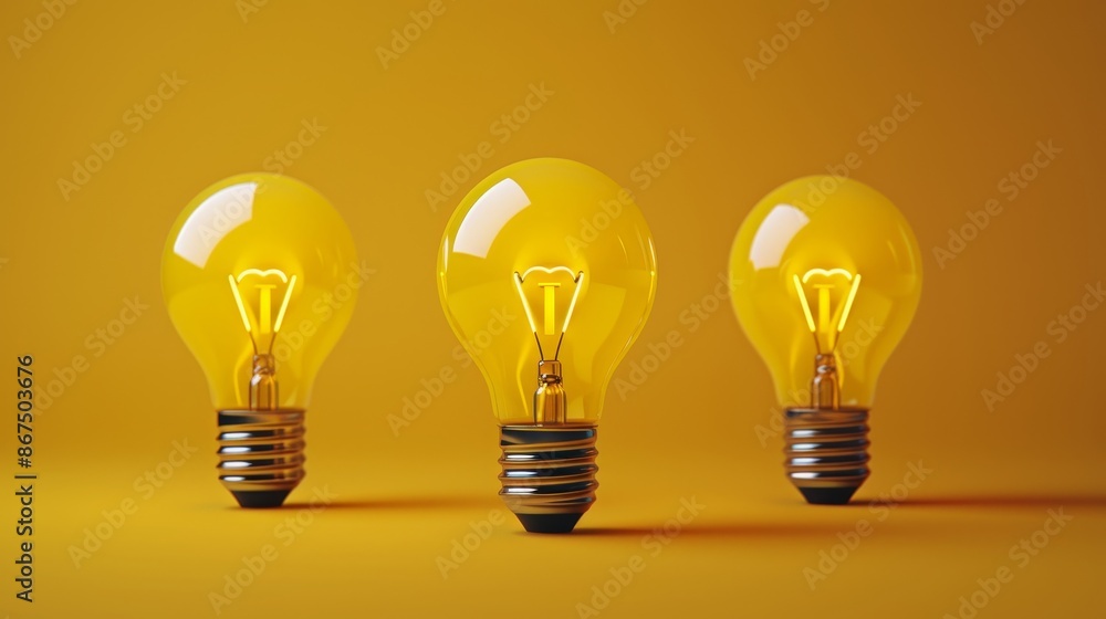 Three light bulbs are lit up on a yellow background Three light bulbs are lit up on a yellow background