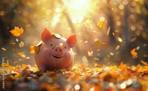 Pink Piggy Bank Surrounded by Falling Autumn Leaves and Coins