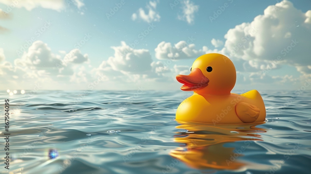 A yellow rubber duck is floating in the ocean A yellow rubber duck is floating in the ocean