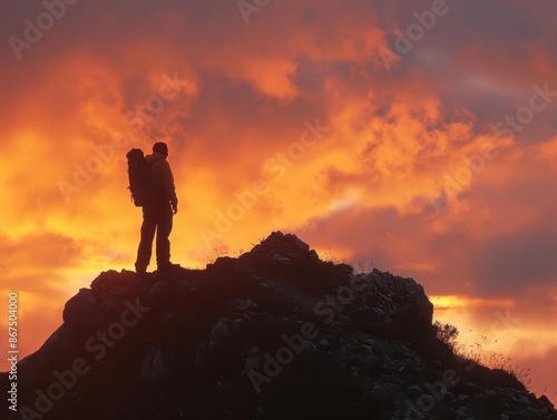 Wallpaper Mural silhouette of lone hiker against dramatic sunset sky figure stands atop mountain peak embodying adventure exploration and the human connection with natures grandeur Torontodigital.ca