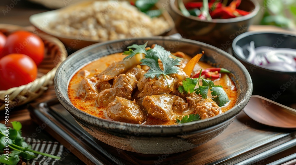 Massaman curry dish on a table , a rich, flavourful, and mildly spicy asain curry. Massaman curry dish on a table , a rich, flavourful, and mildly spicy asain curry.