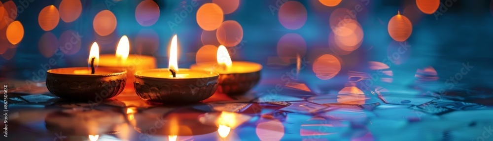 Votive Candles Glowing in a Blue-Tinted Room with Blurred Lights in the Background Votive Candles Glowing in a Blue-Tinted Room with Blurred Lights in the Background